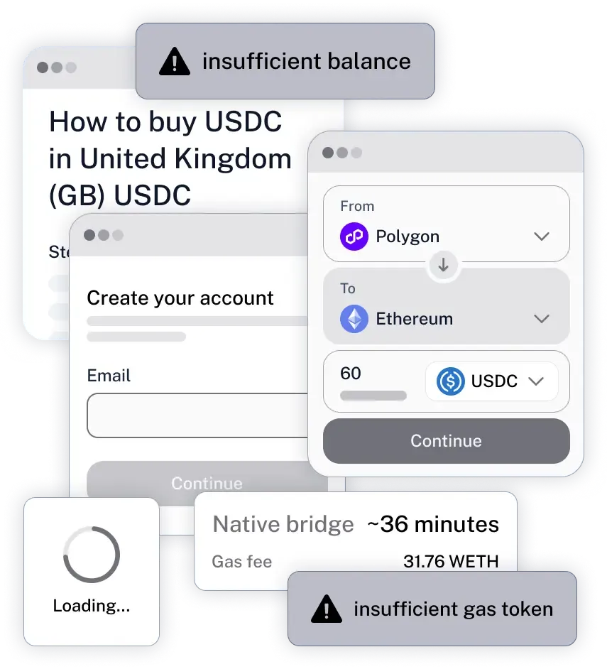 A chaotic interface of insufficient funds, new accounts, error messages, and loading screens